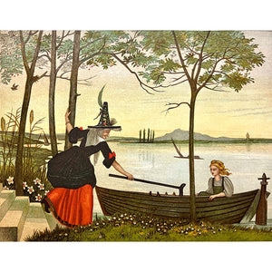 E.V.B. [Eleanor Vere Boyle] (illustrator). "The Witch in the Cherry Garden Drawing in Gerda's boat with her crutch" [from Fairy Tales. By Hans Christian Andersen].