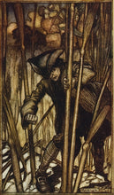 Load image into Gallery viewer, Arthur Rackham Gulliver is struck with fear at first sight of the Brobingnagian reapers.