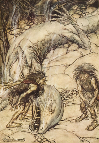 Arthur Rackham The dwarfs quarreling over the body of Fafner