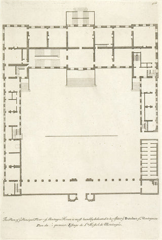 Hulsbergh after Colen Campbell (1676-1729). Montague House to the Court in Great Russell Street London, (3 plates: elevation, plan and elevation to the street). [[bmid:2051326b]]