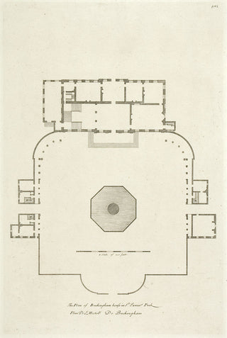Hulsbergh after Colen Campbell (1676-1729). Buckingham House in St James' Park, (2 plates: elevation and plan). [[bmid:2051330a]]