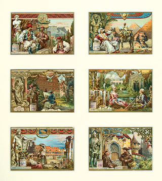 LIEBIG CARDS Advertising trade cards for Liebig's Extract of Meat showing different architectural styles including Egyptian, Greek, Renaissance and Roman.