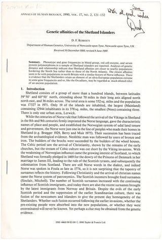 ROBERTS, D.F. Genetic affinities of the Shetland Islanders.