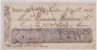 MCCLINTOCK, Sir Francis Leopold. Cheque drawn in favour of Admiral Sir F. Leopold McClintock, Arctic navigator, endorsed with his signature on the reverse.