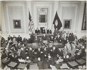 Photograph of Winston Churchill attending Dwight D. Eisenhower speech