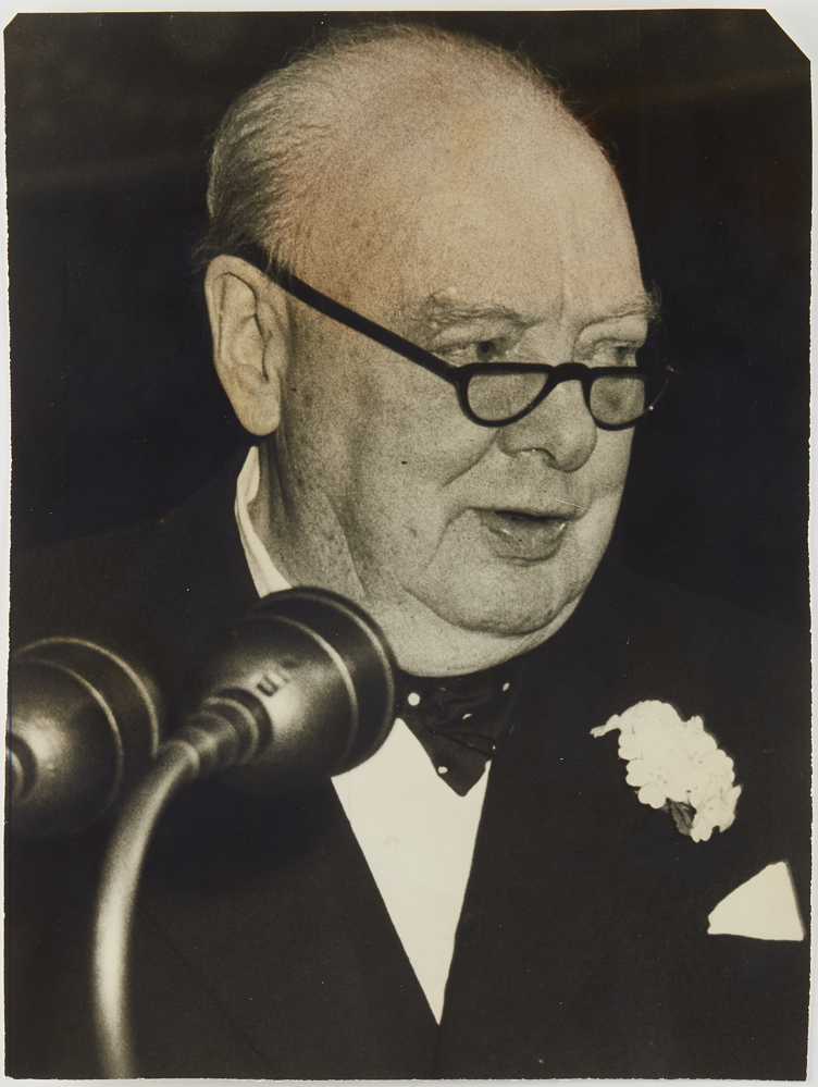 Photograph of Winston Churchill speaking at the Royal Albert Hall