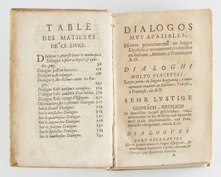 OUDIN, Antoine; [César OUDIN]. Dialogues fort recreatifs composez en espagnol, et nouvvellement mis en Italien, Alleman, & Francois. [[bmid:2125778b]]