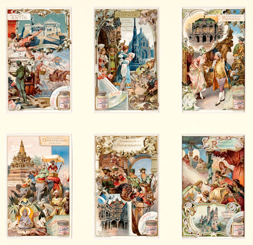 Advertising trade cards for Liebig's Extract of Meat showing different architectural