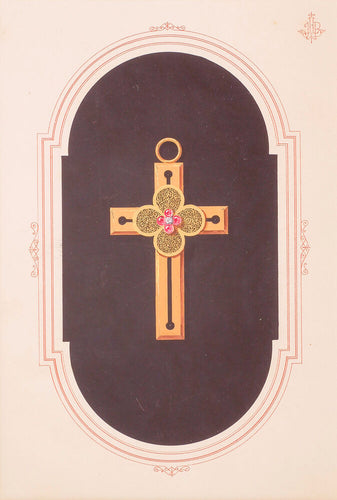 Original gouache desgn - crucifix with four red gems at centre