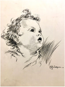 Pen-and-ink drawing  of the head of an infant