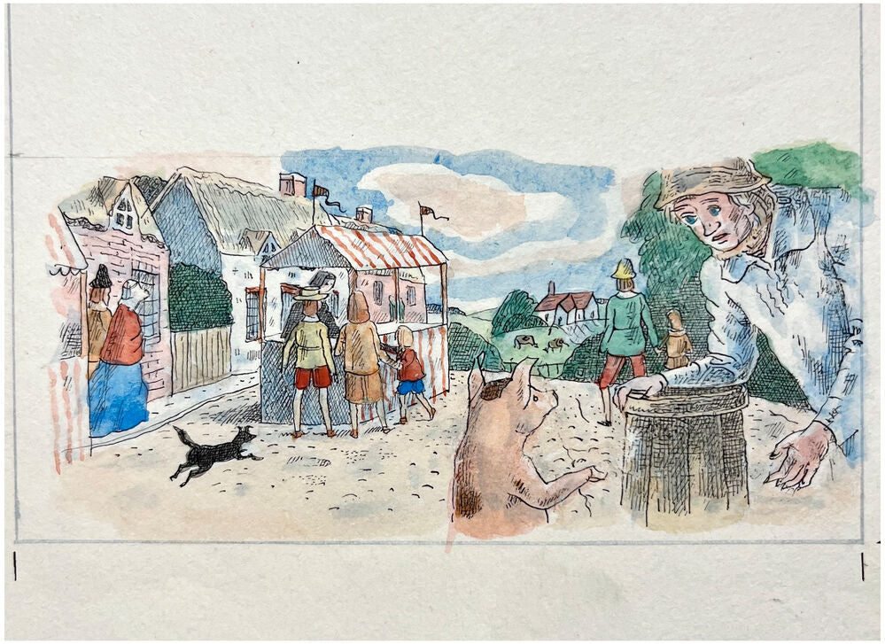 Original pen, ink, and watercolour illustration for Three Little Pigs