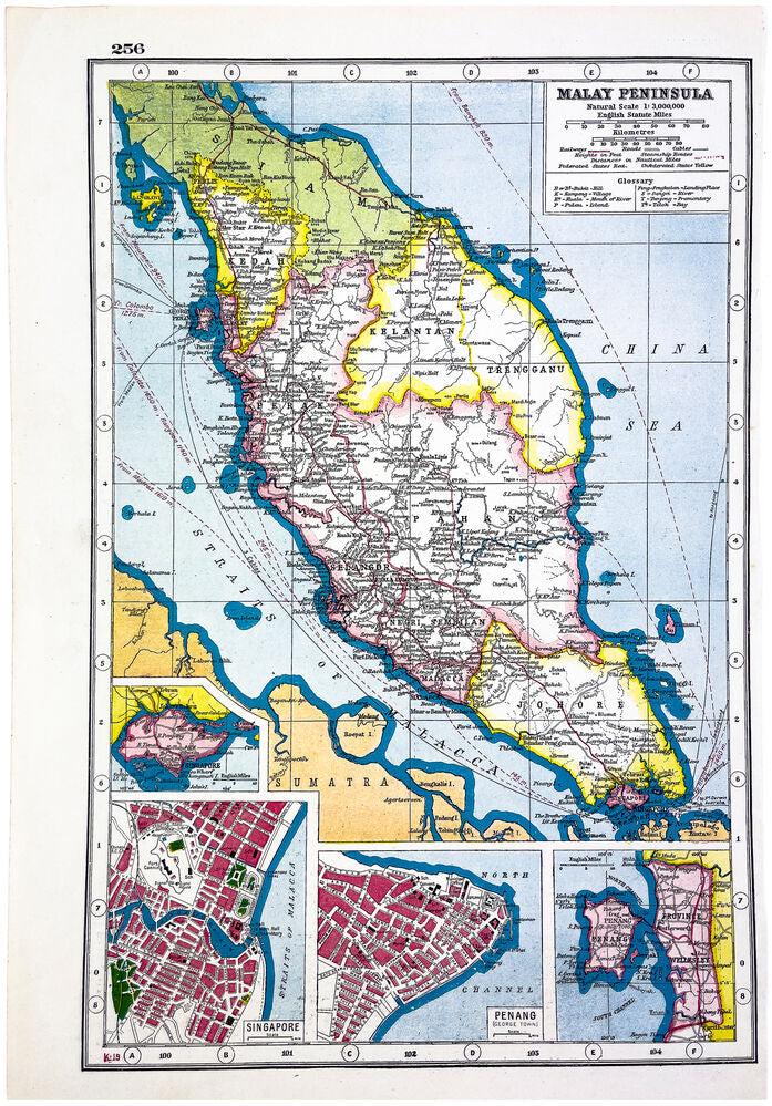 Malay Peninsula. Colour-printed map with inset maps including Singapore and …