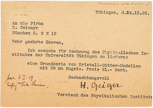 A typed postcard, signed H. Geiger, Tübingen, 24th December 1929