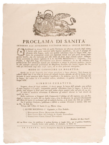 Proclama di Sanità intorno all' affexione ulcerosa nella spacie bovina